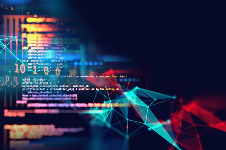 Computing Science Abstract digital background with coding and geometric shapes in vibrant colours for Computing Science